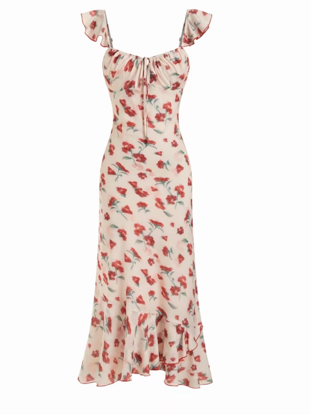Cider Cream Midi Dress with Red Floral Print